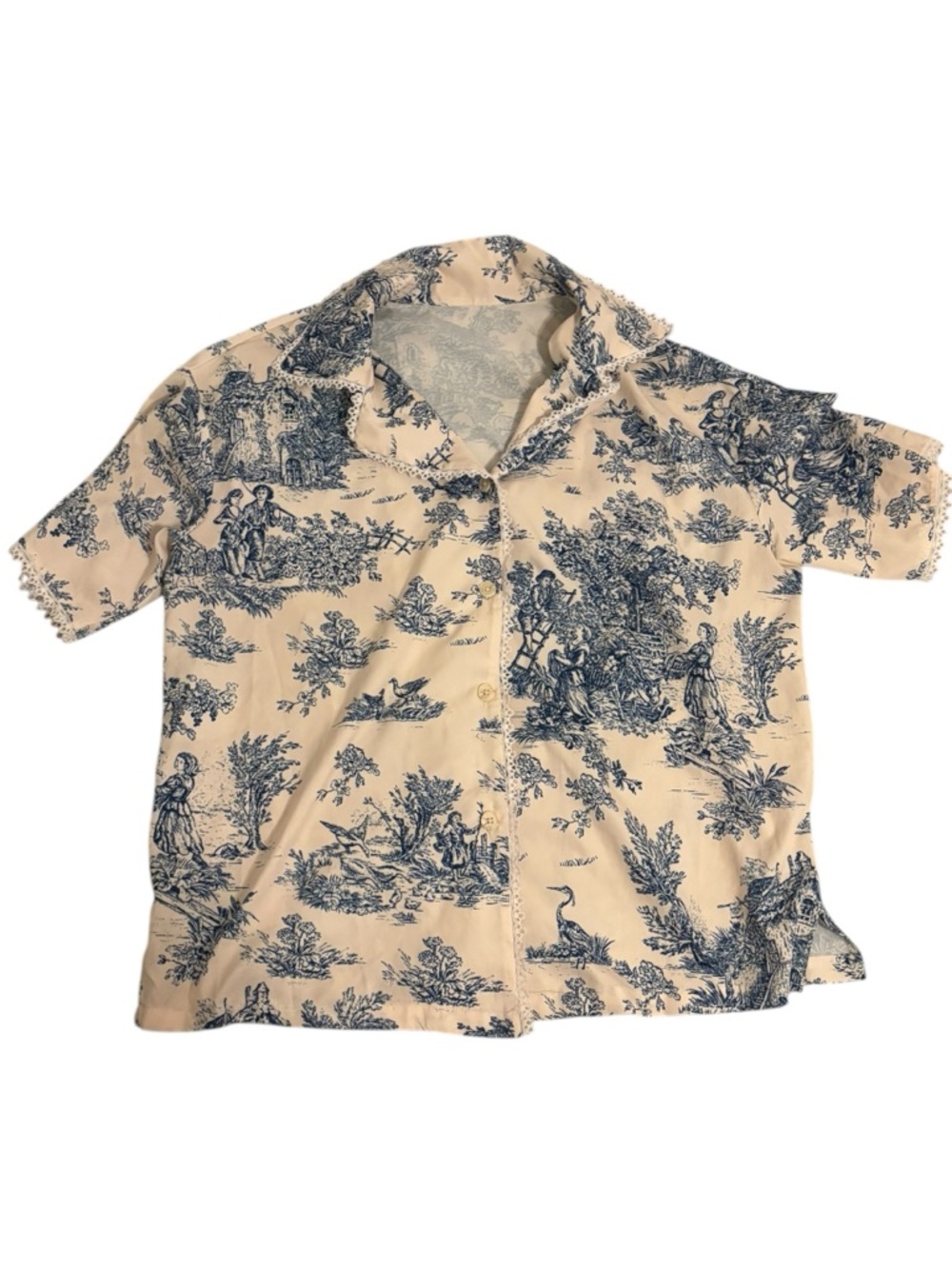 Cider Toile Print Pajama Set Cream Blue Size M Cottagecore Coquette Loungewear - Picture 3 of 6